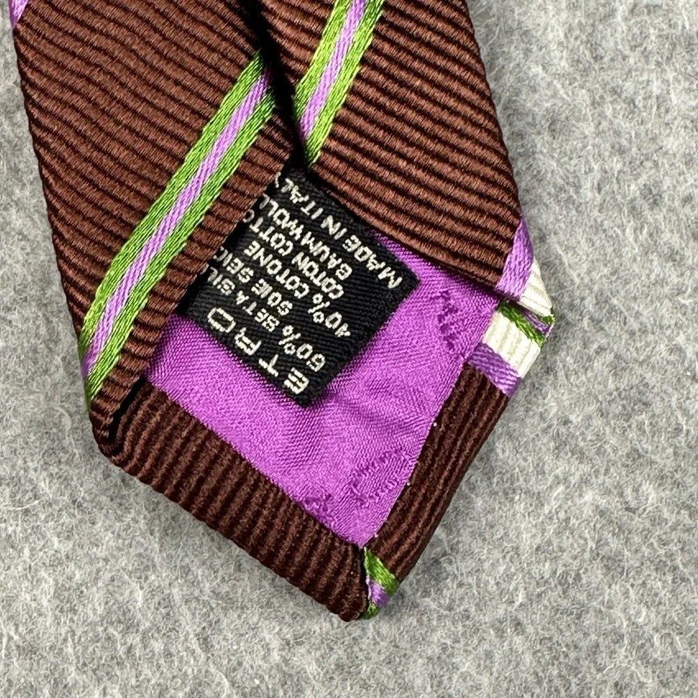 Etro Milano Italy Silk Cotton Brown Stripe Necktie Purple‎ Green 57x3.75